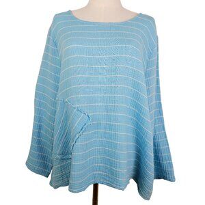 Habitat Blue Striped Gauze Like Tunic Top Large Long Sleeve Lagenlook Boho